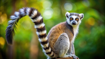 Fototapeta premium Lemur with raised tail on blurred background, lemur, tail, wildlife, animal, Madagascar, primate, fluffy, cute, mammal