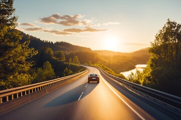 Highway Bridge Over Green Forest Landscape at Sundown, Profile View of a Car on Bridge, Landscape Photography, High End, Advertising Campaign