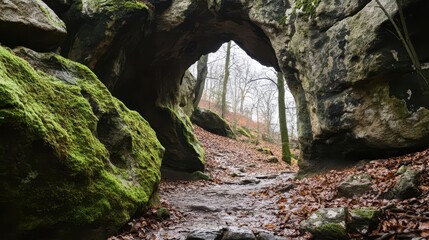 natural rock woodland arch framed against a clean white background, showcasing the moss-covered boulders and inviting entrance of a secluded cave, highlighting earthy tones