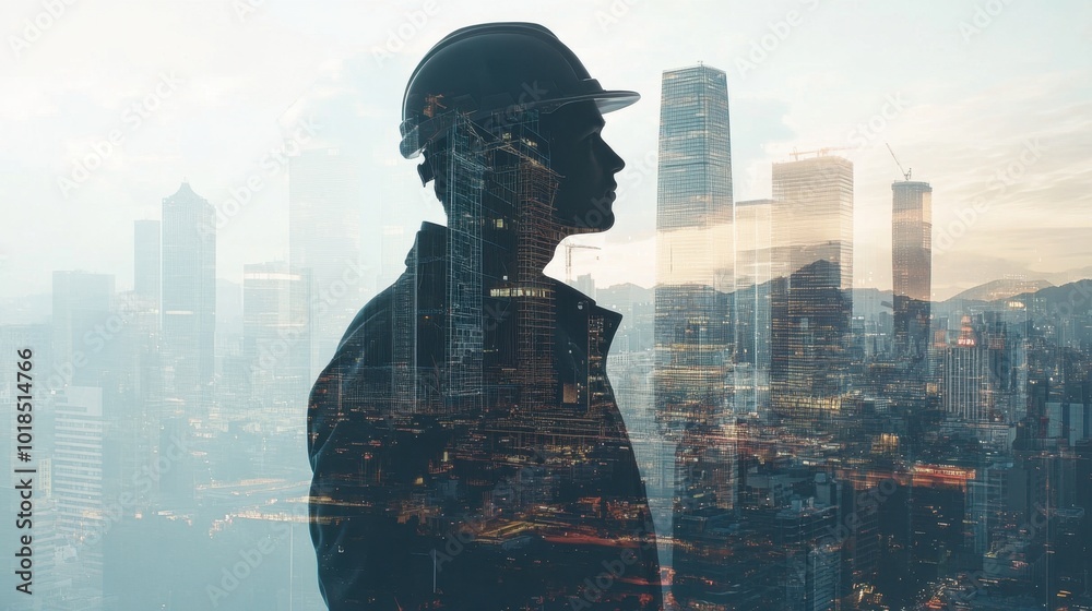 Poster a building engineer with blueprints overlaid on a city skyline and construction site in double expos