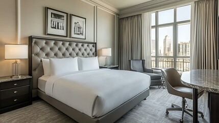 Fototapeta premium Modern Hotel Room with King Bed City View and Desk