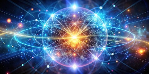 A cosmic sphere enveloped by swirling light and celestial energy, revealing intricate patterns of interconnectedness in the vast expanse of the universe.