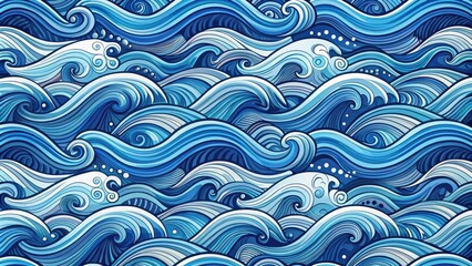 Seamless pattern of intricate swirling waves in shades of blue, resembling a stylized ocean surface