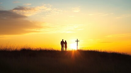 Silhouette of couple lovers stands in front of cross on mountain during yellow sunset