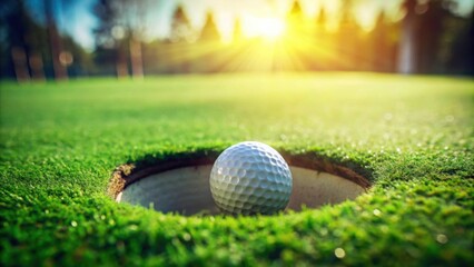Golf ball rolling into hole on green grass , competition, win, success, sports, game, achievement, challenge