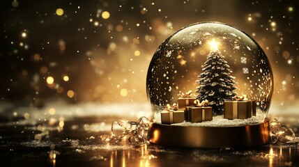 Festive Christmas scene with red ornaments, candy canes, wrapped gifts, and a snow globe, placed next to a snow-covered Christmas tree. Soft, glowing bokeh lights fill the light background.