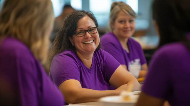 Corporate volunteer event with participants wearing purple t-shirts