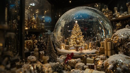Festive Christmas scene with red ornaments, candy canes, wrapped gifts, and a snow globe, placed next to a snow-covered Christmas tree. Soft, glowing bokeh lights fill the light background.