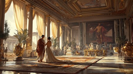 Fototapeta premium An opulent interior showcases a regal couple in an elegant setting, surrounded by luxurious decor and classical artwork.