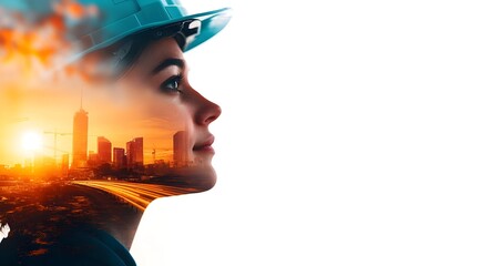 Engineer with cityscape overlay at sunset