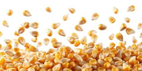 A multitude of golden corn kernels fall gracefully onto a heap of their brethren, creating a mesmerizing display of natural abundance.