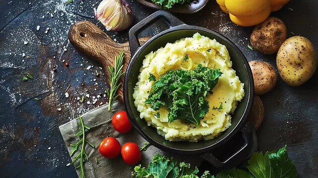 Mashed potatoes with kale, cherry tomatoes, rosemary, and garlic in a cast iron skillet on a rustic surface.