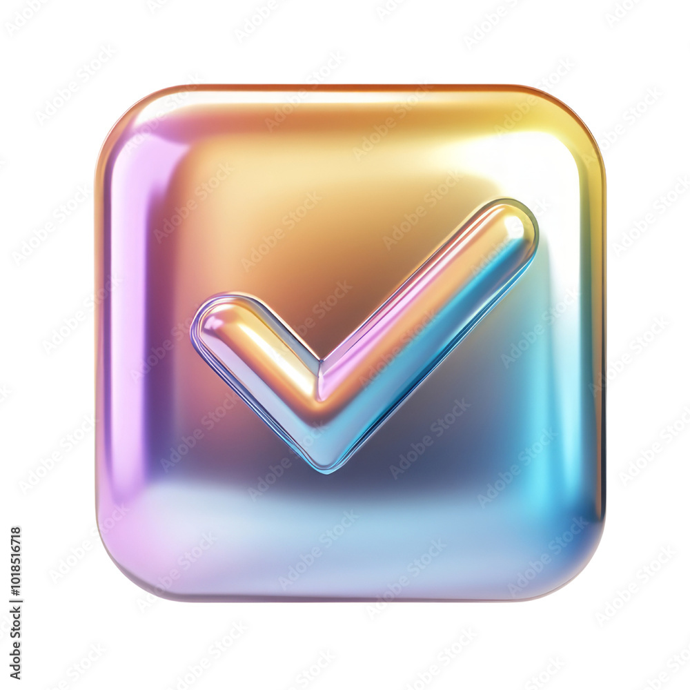 Wall mural check mark button holographic iridescent 3d render icon isolated on transparent background cutout