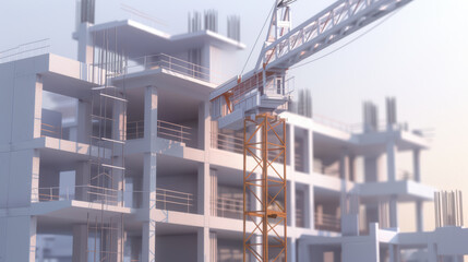 Fototapeta premium Construction site with crane and unfinished buildings, showcasing modern architecture and structural elements. scene captures essence of urban development and engineering