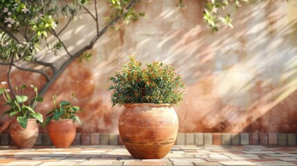 Vibrant floral arrangement featuring blooming flowers in a rustic terracotta pot surrounded by lush greenery and dappled sunlight