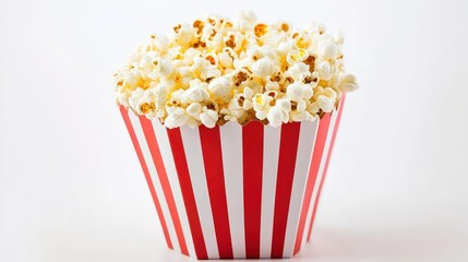 striped popcorn bag filled to the brim with fluffy popcorn, isolated against a clean white background, the vibrant colors of the bag contrasting with the soft, buttery popcorn within