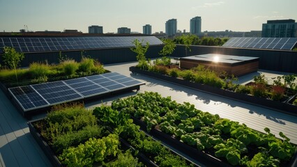 Rooftop garden on a modern eco-friendly building, featuring solar panels and lush greenery. Ideal for illustrating sustainable architecture, green living, and urban farming concepts