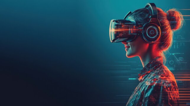 Woman engaged in VR experience with headphones on