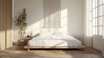Bright and cozy bedroom featuring a wooden bed, natural light, and simple decor, perfect for relaxation and comfort.