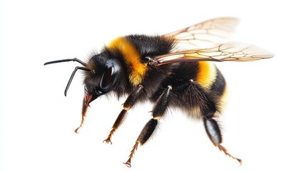 stunning bumblebee captured mid-flight against a pristine white background, emphasizing its delicate features and role as an essential pollinator in nature's ecosystem