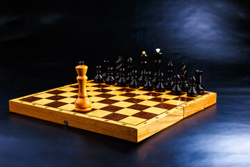 Wooden chess pieces on the chessboard. Intellectual game -chess. Chess pieces on the Board. A game of chess. One against all.