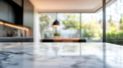 stylish marble countertop in a spacious kitchen, elegantly blurred in the background, providing a perfect setting for product display or design montages with a modern aesthetic