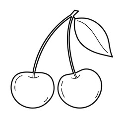 Two cherries. Contour drawing. Black white outline illustration, isolated on white background. Design elements or page of children's coloring book
