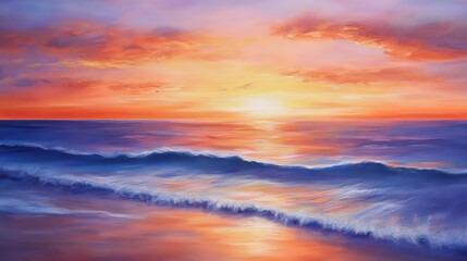 Obraz premium sunset over a tranquil ocean, where waves gently lap at the shore, painted in rich hues of orange, pink, and purple, evoking serenity and peace