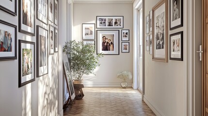 Bright hallway adorned with framed pictures and greenery, creating a warm and inviting atmosphere in a modern home.