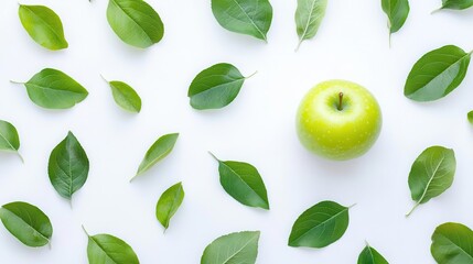 top-down perspective of a green apple alongside vibrant green leaves, beautifully presented on a clean white background, highlighting the freshness and simplicity of nature