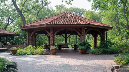 Fototapeta premium Charming gazebo surrounded by lush greenery and decorative pots, perfect for outdoor gatherings or peaceful relaxation.