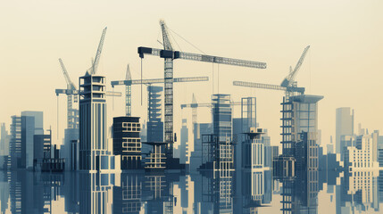Fototapeta premium Modern construction site with cranes and buildings under development, showcasing urban growth and architectural progress. scene reflects dynamic skyline and industrial activity