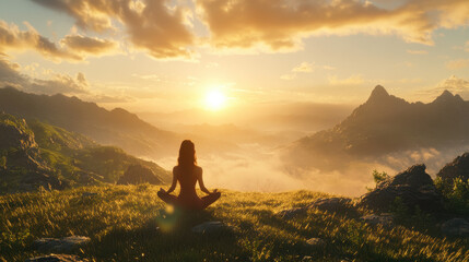 Obraz premium A serene photograph of a woman meditating at sunrise, sitting cross-legged on a grassy hill with her back to the camera. The