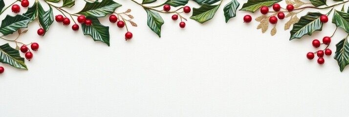 Minimalist Christmas card with a border of holly leaves, red berries, and gold accents