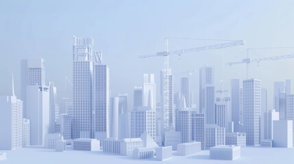 Modern city skyline with skyscrapers and construction cranes, showcasing urban development and architecture. scene reflects bright, minimalistic aesthetic