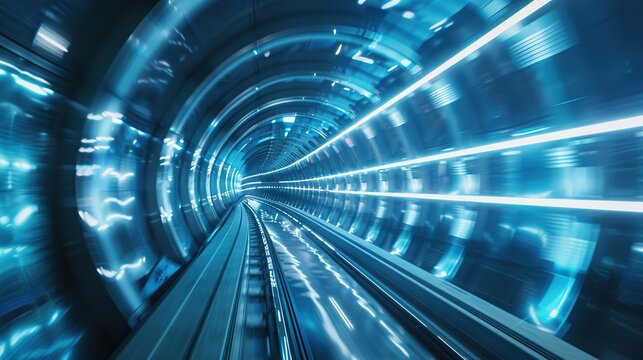 Hyperloop pod zooming through a transparent tunnel