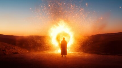 Moses standing before burning bush surrounded by glowing fire divine light