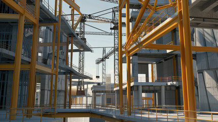 Modern construction site showcasing steel structures and cranes, highlighting intricate design and engineering involved in building. vibrant yellow beams contrast with concrete, creating dynamic