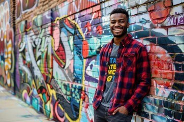 young black street artist in urban setting, leaning confidently against a graffiti-covered wall, warm smile lighting up his face, surrounded by vibrant street art and city atmosphere