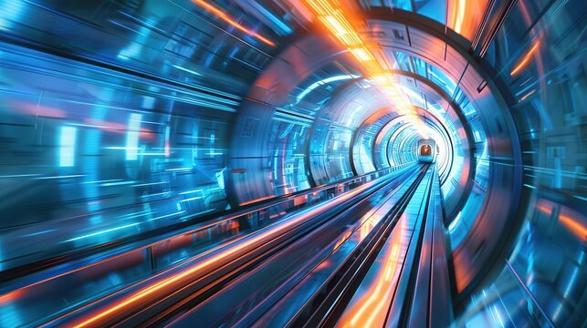 Hyperloop pod zooming through a transparent tunnel