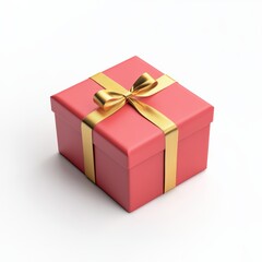 Isolated Christmas gift box with red wrapping paper and a golden ribbon, placed on a clean white background