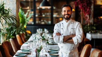 Confident chef standing in a beautifully arranged restaurant, showcasing culinary expertise and inviting ambiance.