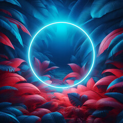 Obraz premium Circle made of blus neon light on orange jungle leaves background