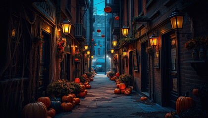 Naklejka premium Halloween Night, Spooky Street, Autumn Scene
