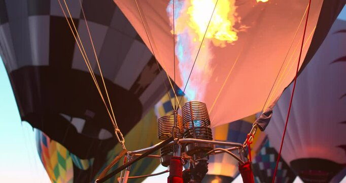 Hot Air Balloon Fiesta with burners and blue & red flame, Albuquerque NM, Slow Motion
