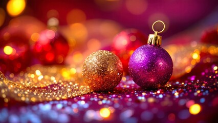 Fototapeta premium Vibrant Christmas ornaments sparkle amid a mesmerizing background of colorful bokeh lights and glitter, evoking a festive and joyful holiday atmosphere.