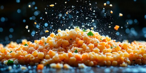 Close-up of a pile of perfectly cooked diced carrots and pasta being sprinkled with grated cheese and herbs.
