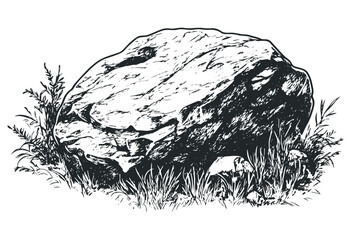Large boulder surrounded by grass and plants. Vector retro hand drawn illustration.