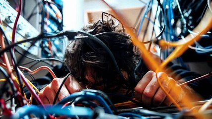 Man with a focused expression navigates a tangled mess of colorful wires, seemingly working on a complex technical repair or troubleshooting task in a chaotic environment.
