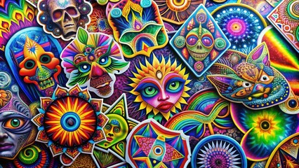 A psychedelic tapestry of vibrant colors and intricate designs, featuring masks, geometric patterns, and celestial symbols.